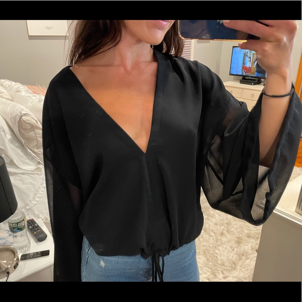 Black V-Neck Sheer Sleeve Women’s Top